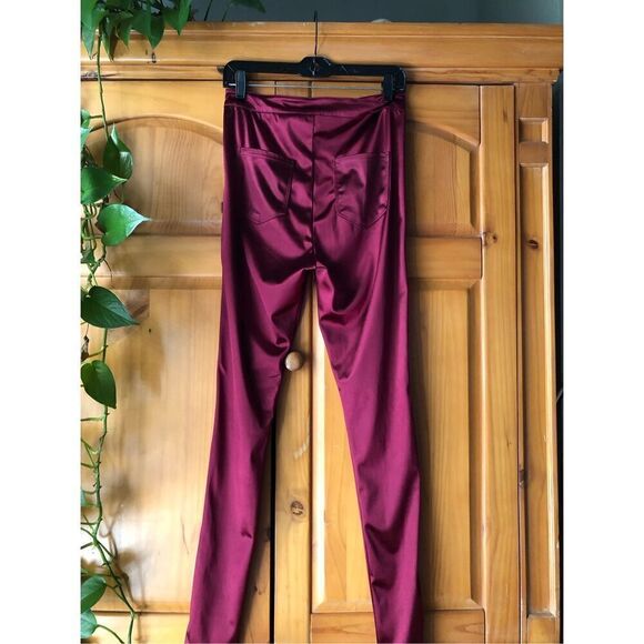 H&M GLOSSY SLIM-FIT PANTS-High Waist -Burgundy SZ M - Picture 5 of 12